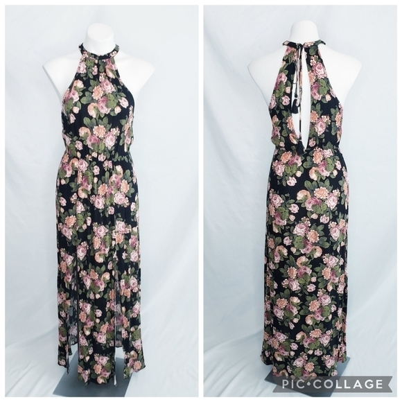 AEO American Eagle Floral Halter Maxi Dress Open Back Black - Picture 2 of 10